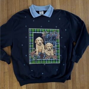 🔥 Vintage 90’s Bobble Brooks Collard Crewneck Golden Retriever print XL Navy 🔥